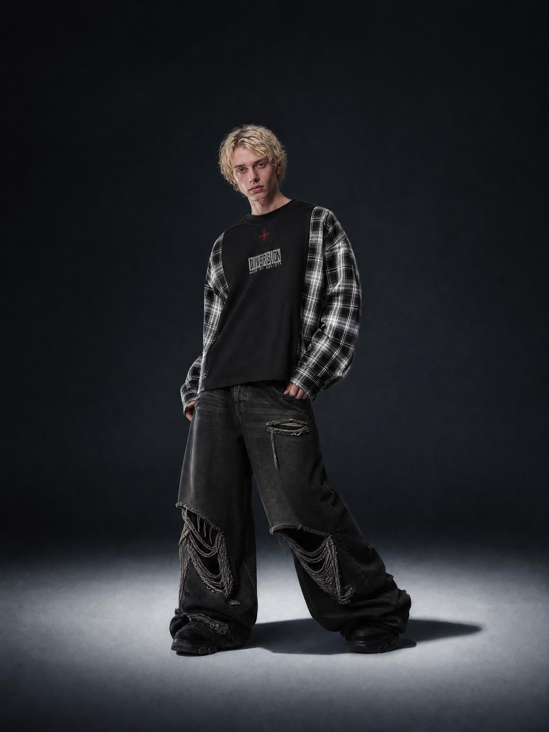 MADE BY SOCIETY PLAID RECONSTRUCTED LS